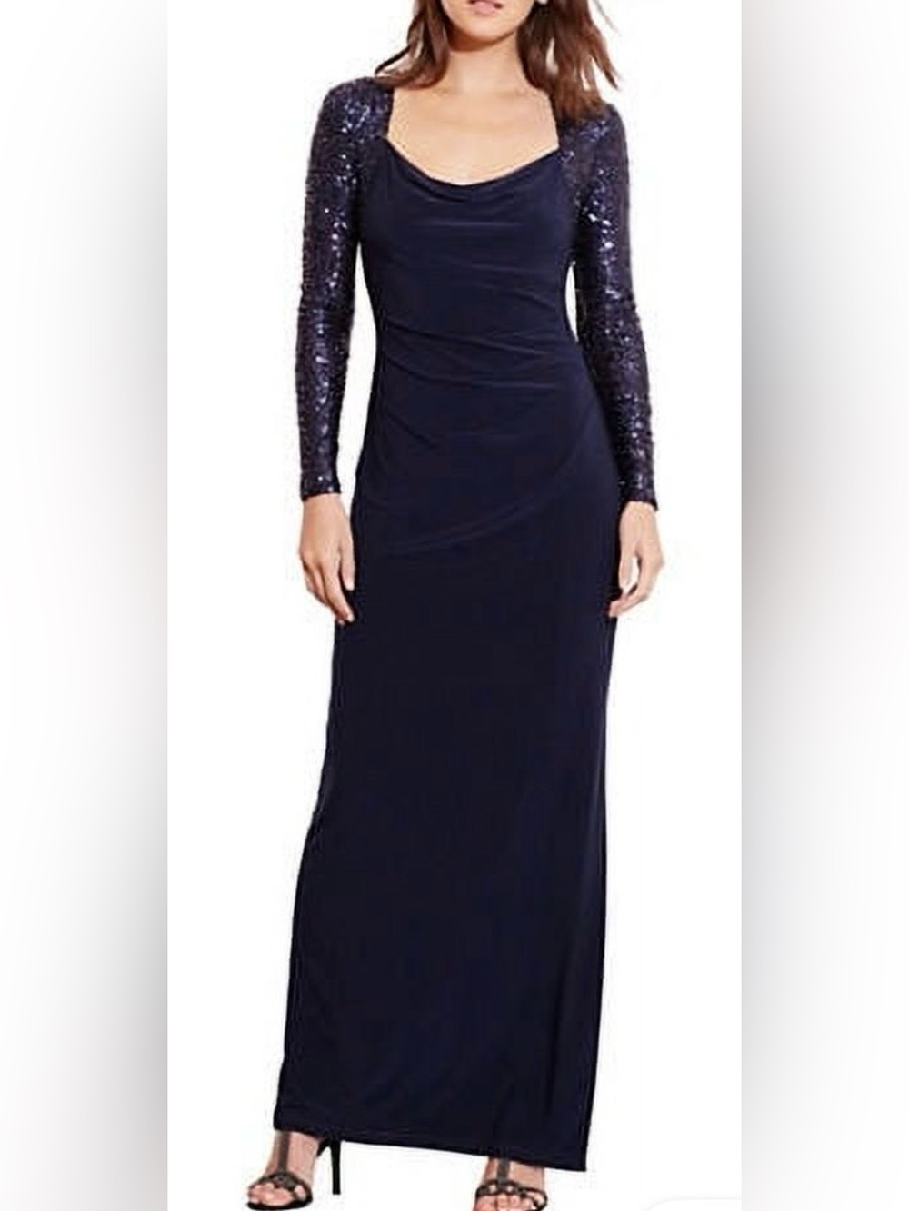 Lauren Ralph Lauren Navy Maxi Gown with Sequin Long Sleeves